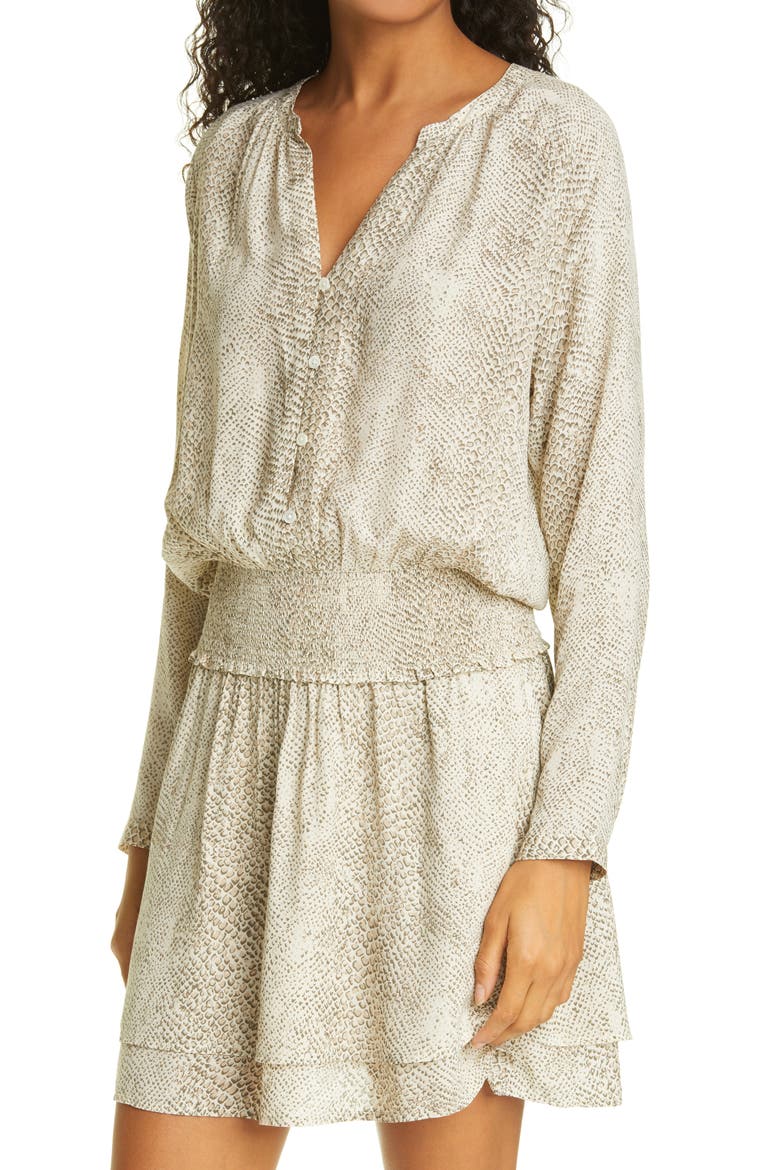 Jasmine Smocked Waist Long Sleeve Dress, Alternate, color, CREAM SNAKESKIN