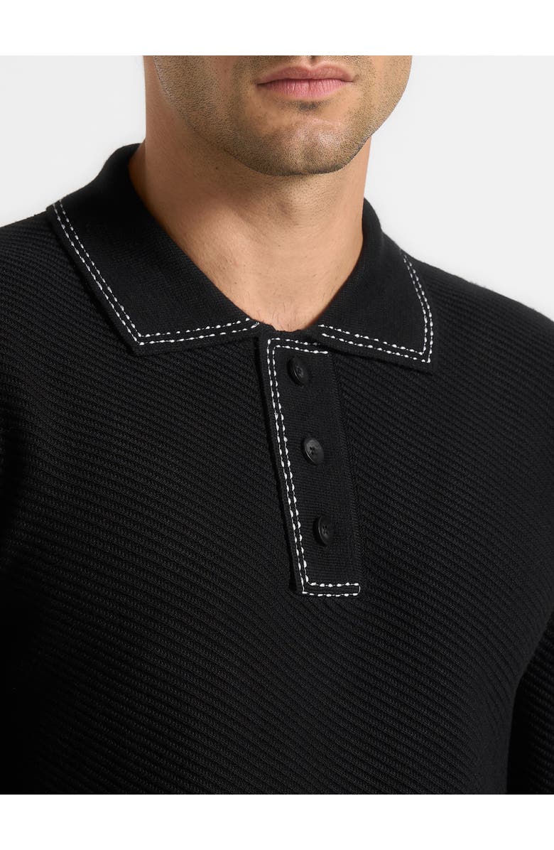 Manière De Voir Aymeric Whipstitch Detail Long Sleeve Knit Polo Shirt, Alternate, color, Black