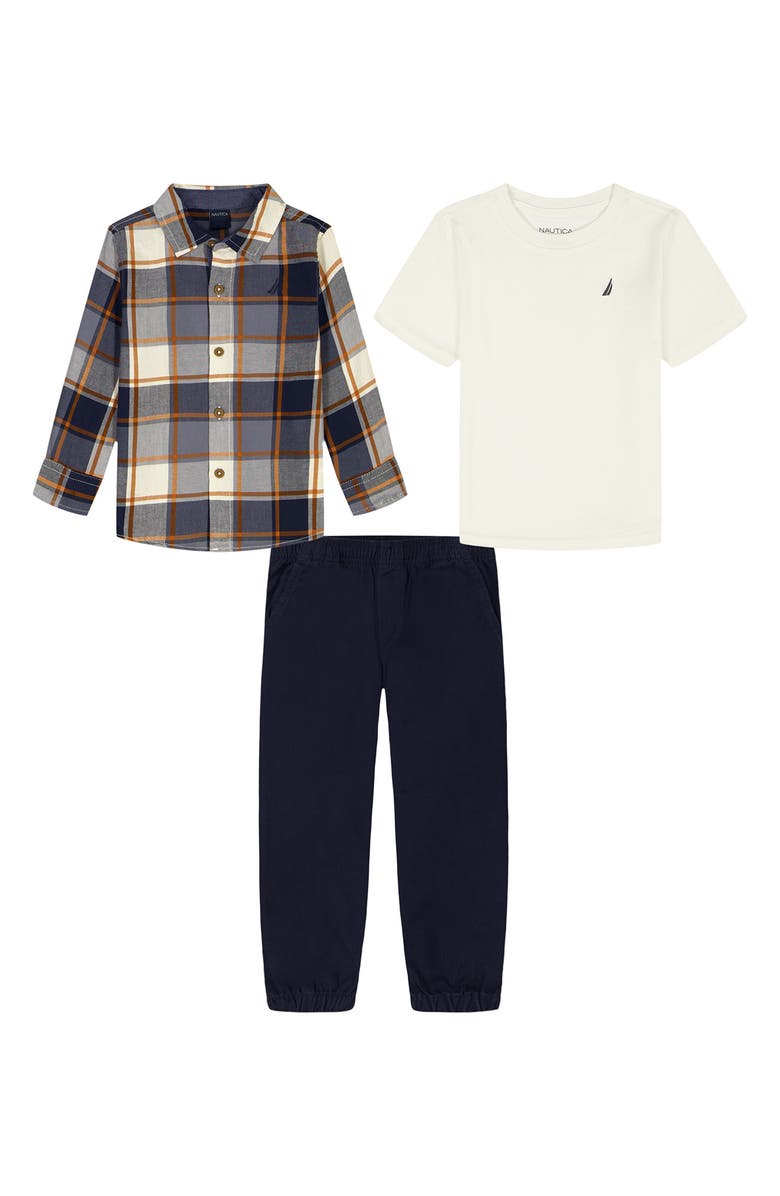 Nautica Kids' T-Shirt, Flannel & Pull-On Pants Set, Main, color, Navy