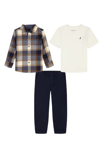 Nautica Kids' T-shirt, Flannel & Pull-on Pants Set In Blue