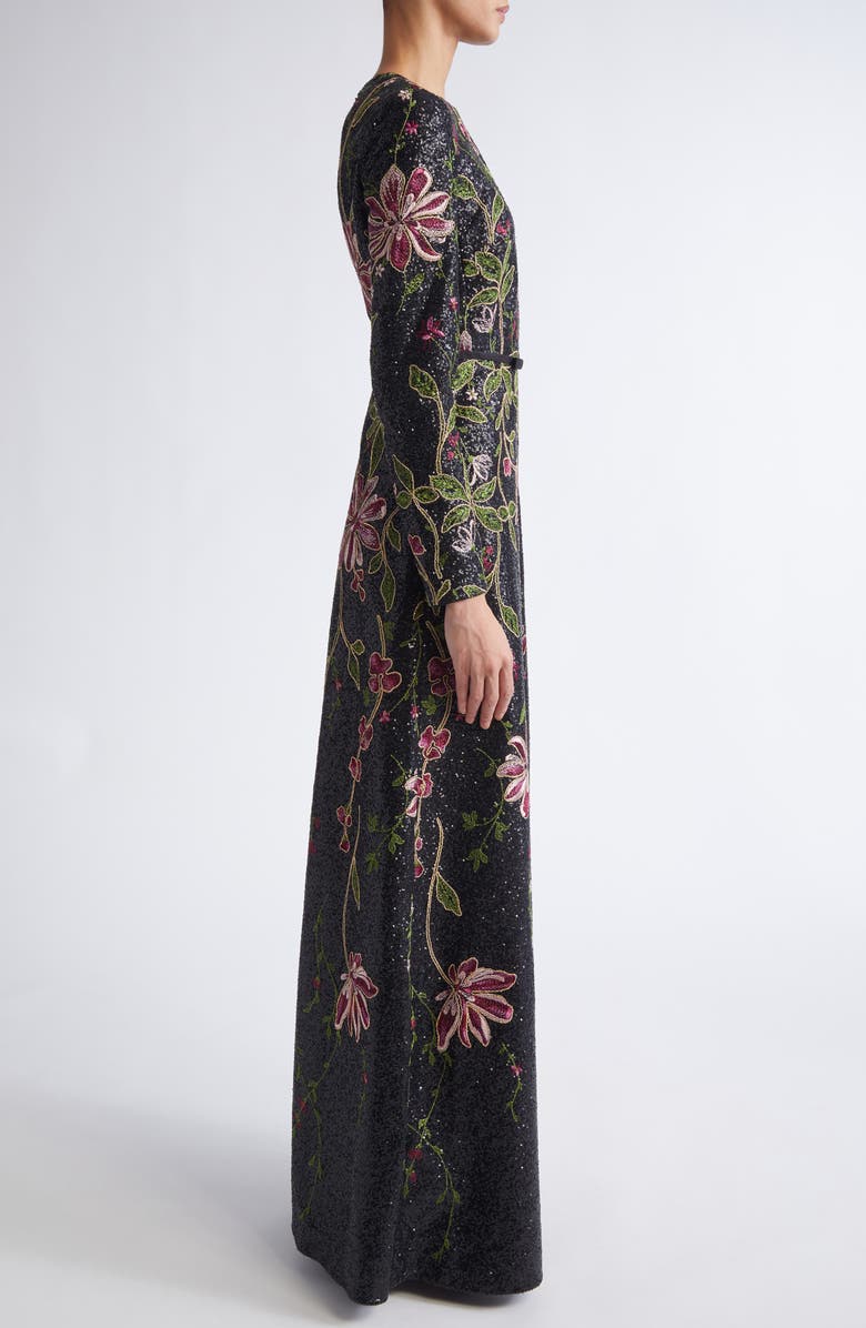 Giambattista Valli Black Flower Screen Long Sleeve Sequin Dress, Alternate, color, 