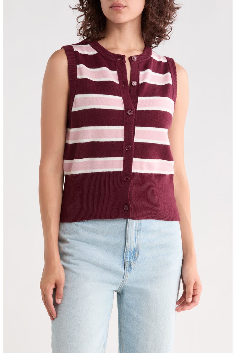 Striped Button Cardigan Vest, Main, color, DARK CHERRY COMBO