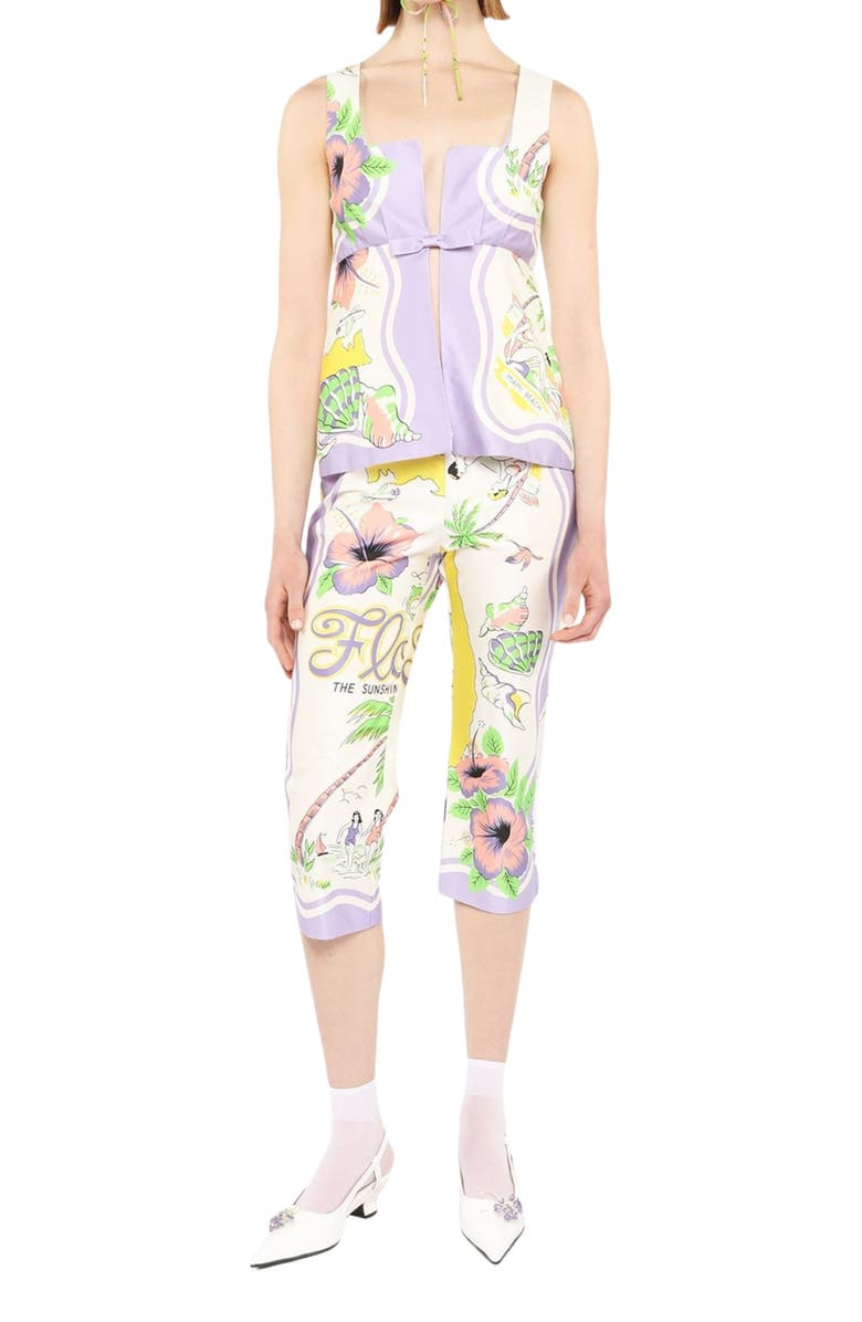 Anna Sui Florida Cotton Sateen Capri Pants, Main, color, Lavender Multi