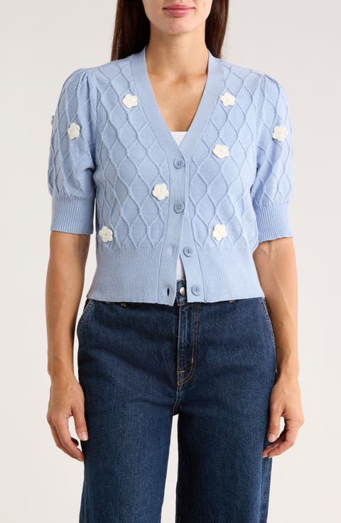 Flower Cable Stitch Short Sleeve Cardigan