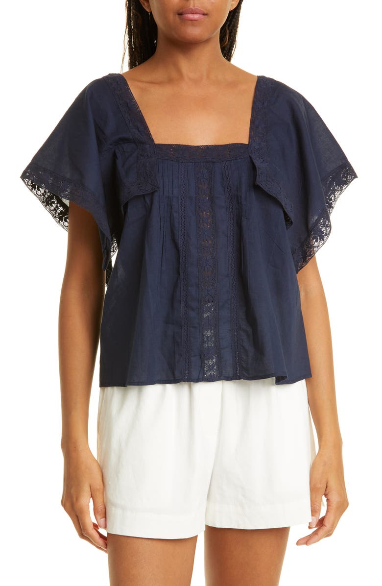 Rebecca Taylor Lace Inset Cotton Top, Main, color, Marine Blue