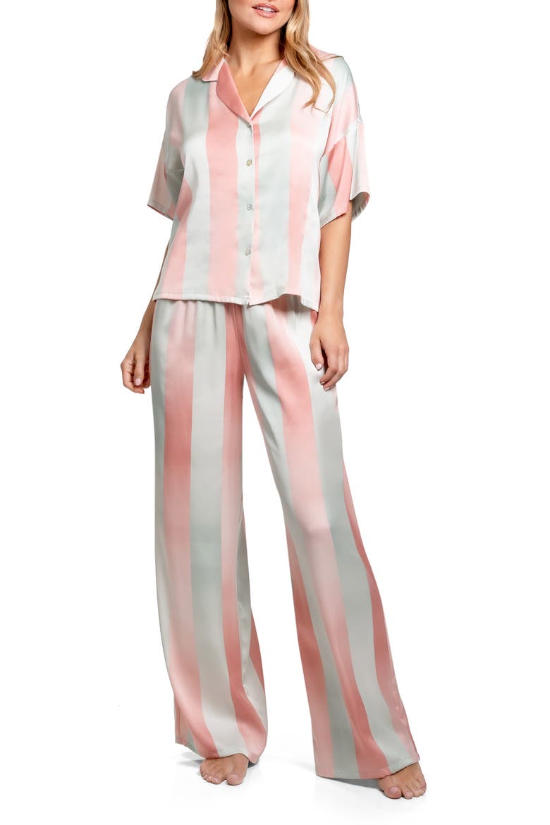 Ombré Stripe Button-Up Top & Pants Pajamas, Main, color, MINT