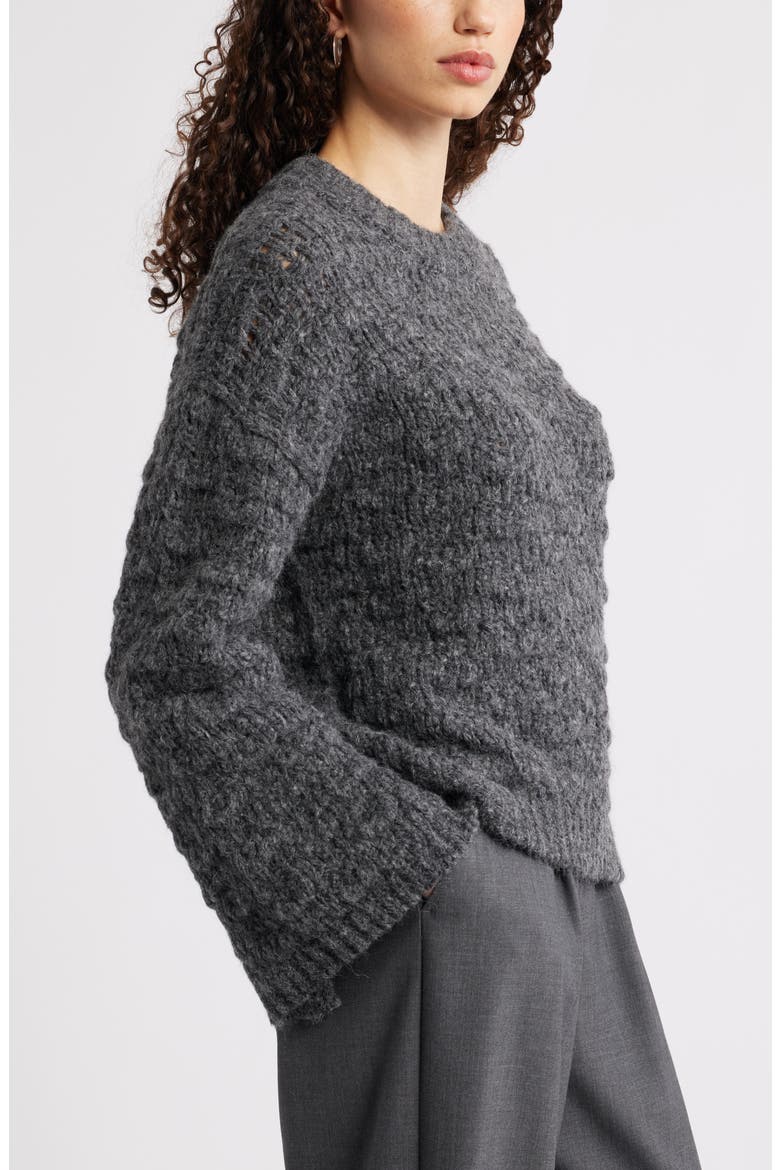 Open Stitch Crewneck Sweater, Alternate, color, GREY DARK CHARCOAL HEATHER