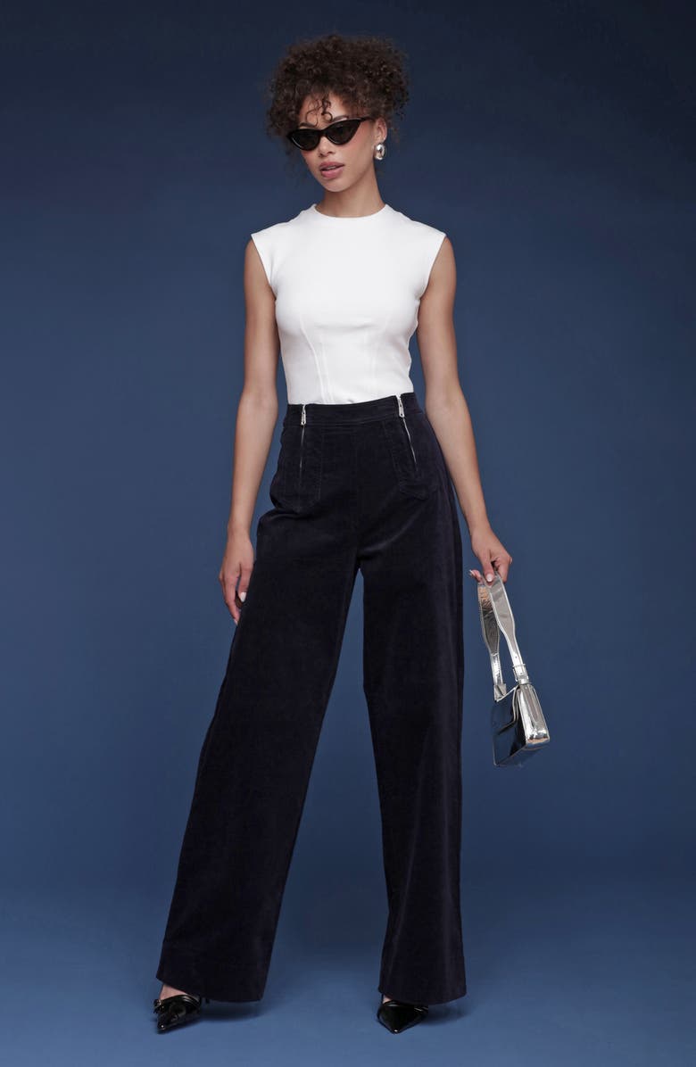 Avec Les Filles Double Zipper Wide Leg Velvet Pants, Alternate, color, Navy