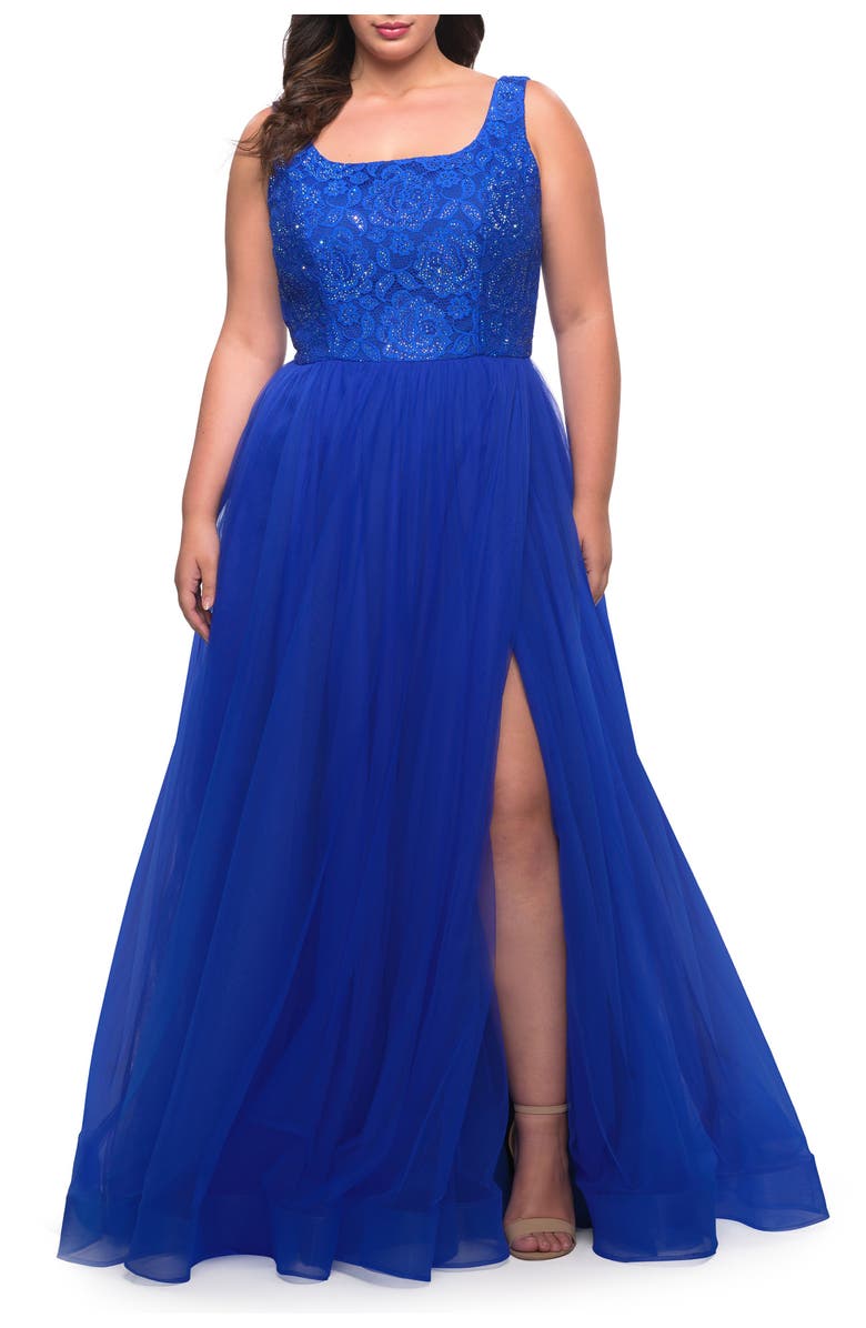 La Femme A-line Tulle and Lace Plus Size Gown with Slit, Main, color, Royal Blue