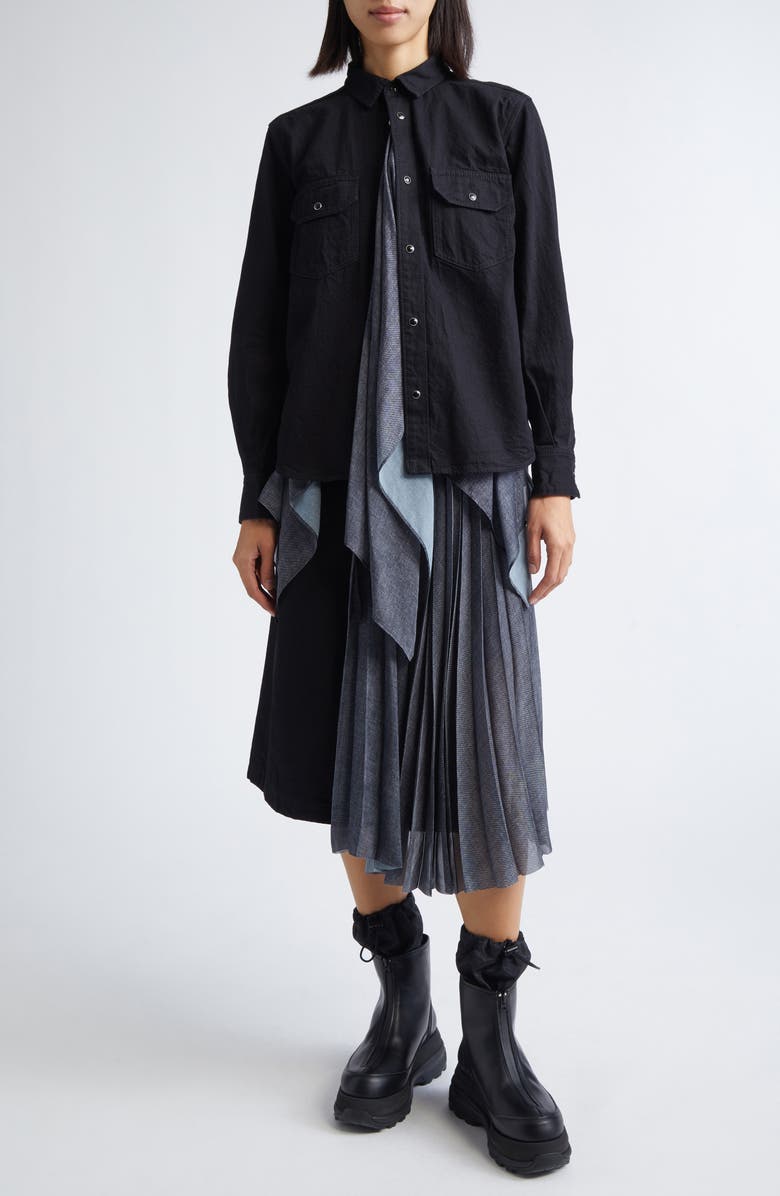 Sacai Mixed Media Handkerchief Hem Shirt, Alternate, color, Black