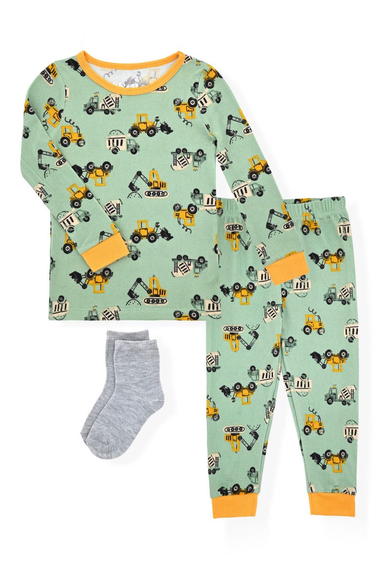 Construction Fitted Two-Piece Pajamas & Socks Set, Main, color, GREEN