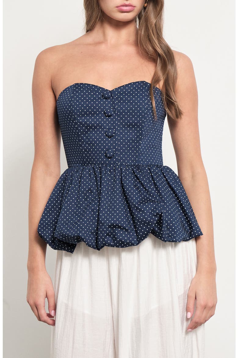 Wyatt Polka Dot Strapless Bubble Hem Peplum Top, Main, color, NAVY WHITE DOTS