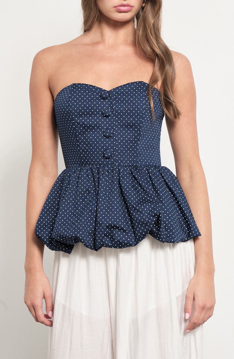 MAUDE CLUB Wyatt Polka Dot Strapless Bubble Hem Peplum Top, Main, color, Navy White Dots