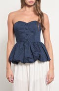 MAUDE CLUB Wyatt Polka Dot Strapless Bubble Hem Peplum Top