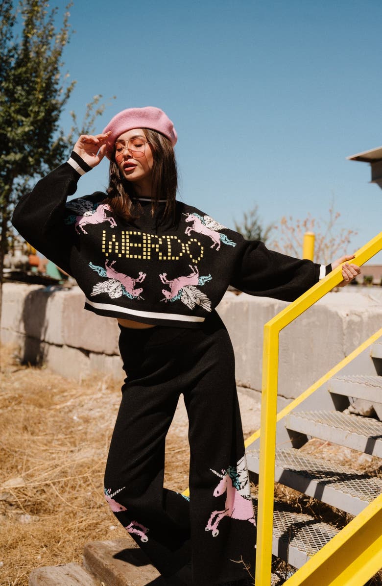 Dressed in Lala Weirdos Unite Pegasus Jacquard Sweater & Wide Leg Pants Set, Alternate, color, Black