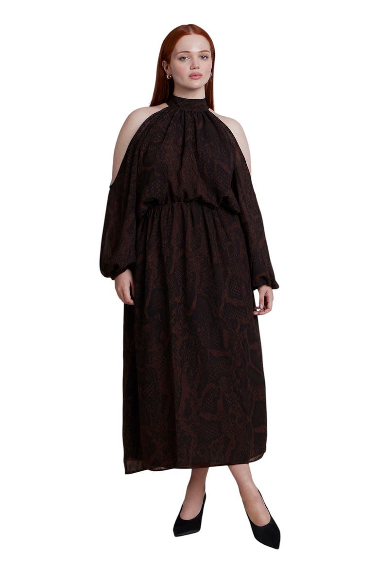 Cold Shoulder Chiffon Maxi Dress (plus), Main, color, SNAKE TEXTURED