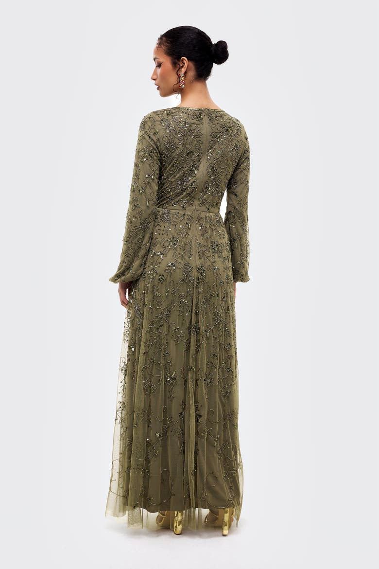 Modest Ebellished Sequins A Line Maxi Dress, Alternate, color, KHAKI