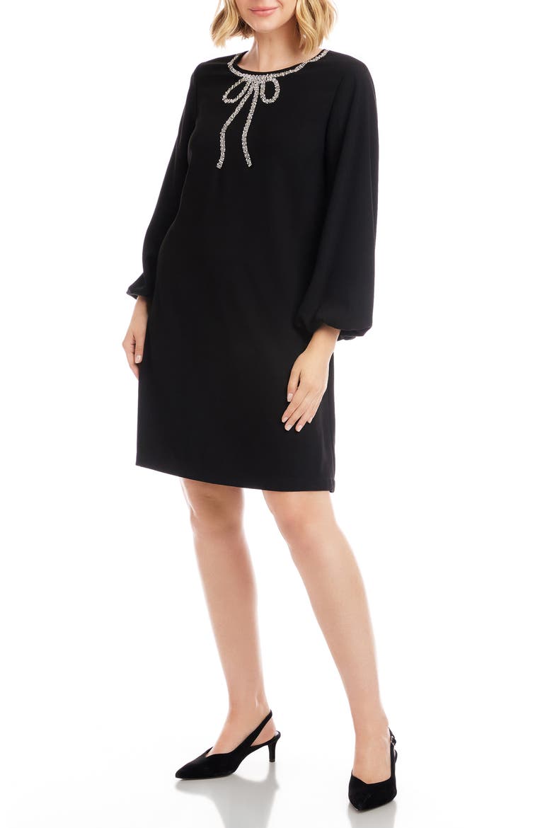 Embellished Bow Long Sleeve Shift Dress, Alternate, color, BLACK