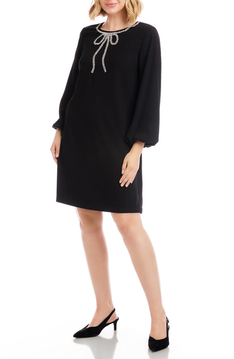 Karen Kane Embellished Bow Long Sleeve Shift Dress, Alternate, color, Black