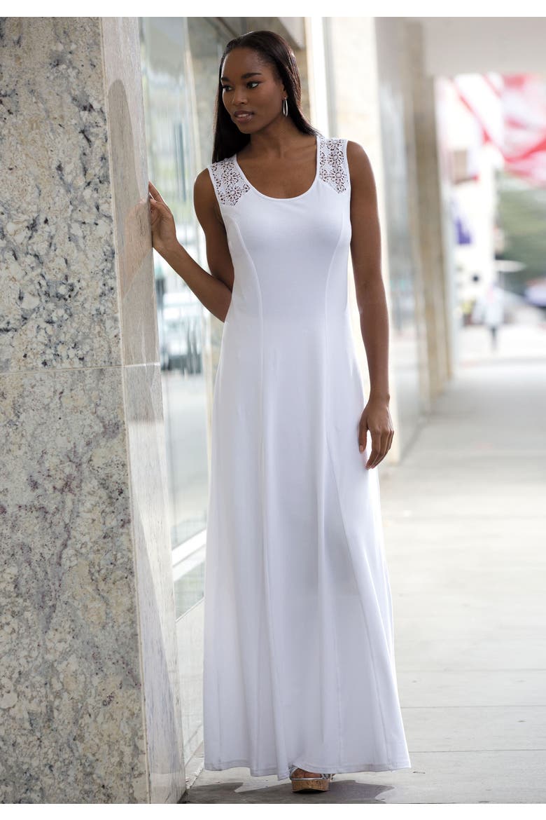 Stretch Cotton Crochet Back Maxi Dress, Alternate, color, WHITE
