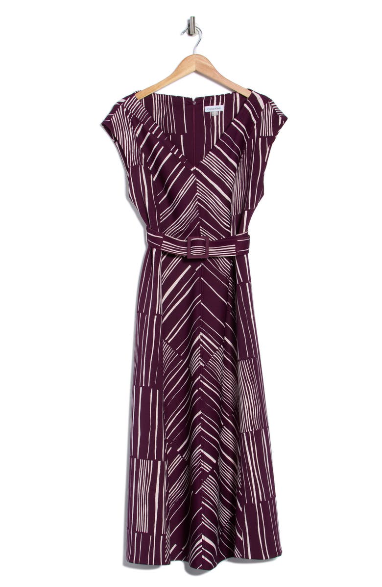 Calvin Klein Stripe Belted V-Neck Midi Dress, Main, color, Aubergine/ Cream