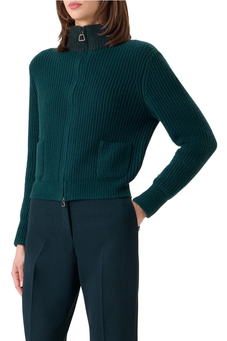 Virgin Wool, Cashmere & Silk Rib Zip Cardigan, Alternate, color, FOREST GREEN