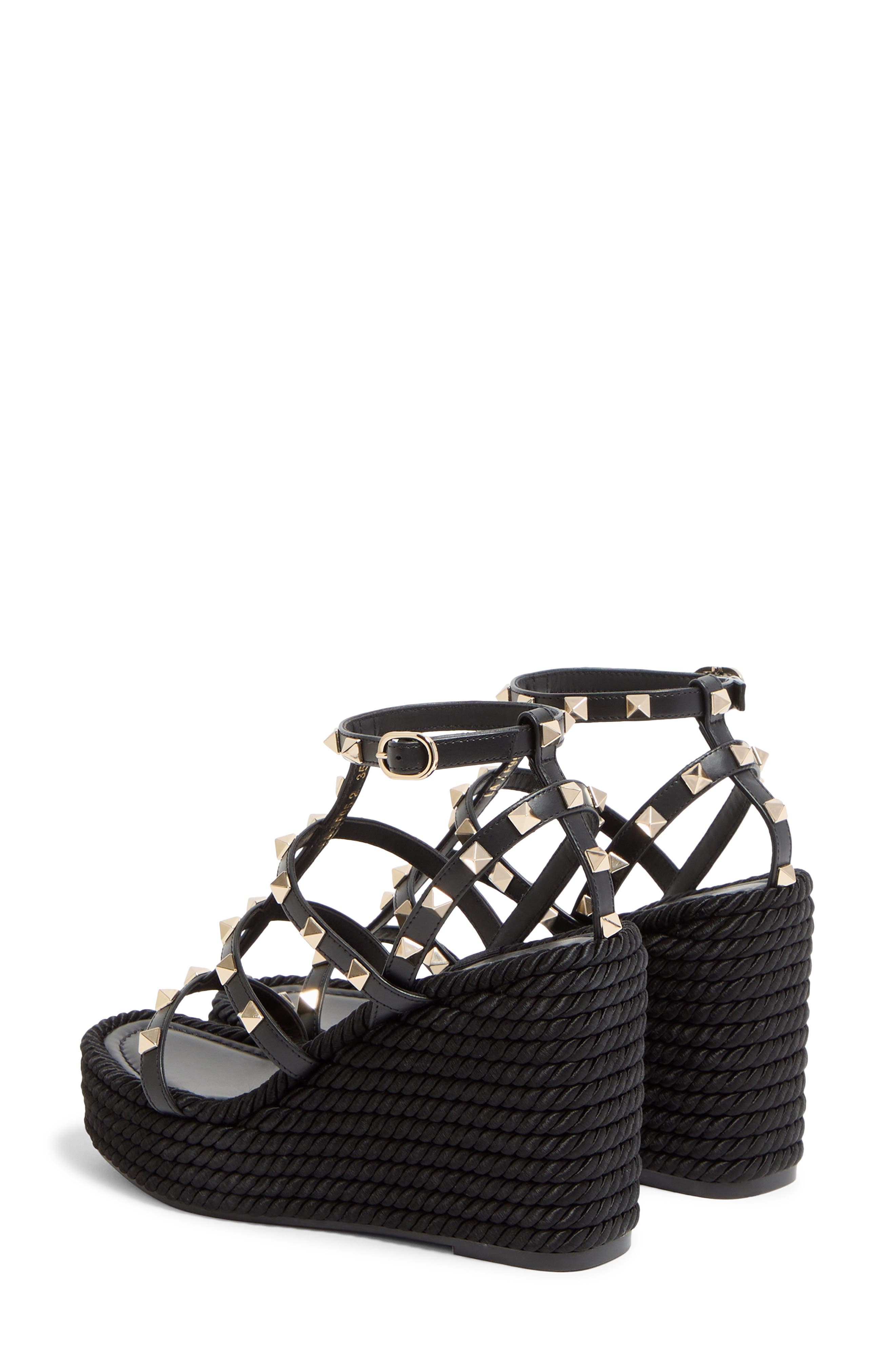 Valentino Rockstud Ankle Strap Wedge Sandal, Alternate, color, Black