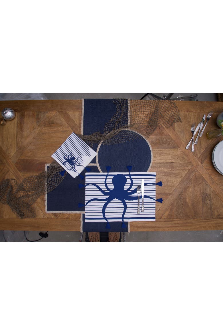 Indigo Octopus Stripes and Tassels Machine Washable Napkins Set of 6, Alternate, color, Blue