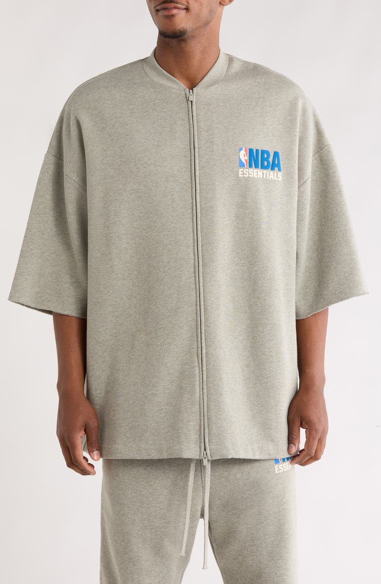 Fear of God Essentials x NBA Zip Up Short Sleeve Jacket, Alternate, color, Concrete Heather
