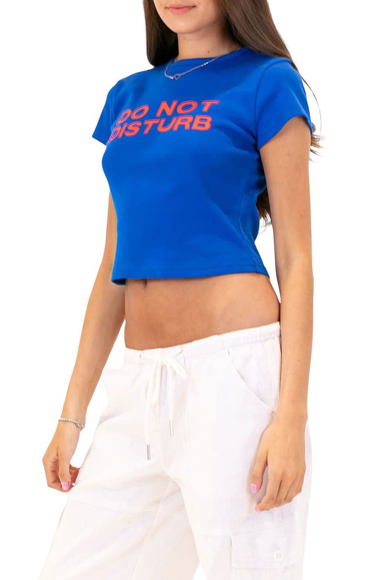 EDIKTED 'Do Not Disturb' Crop Graphic Tee, Alternate, color, Blue