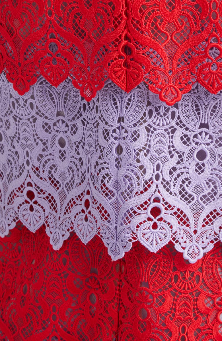 Carolina Herrera Colorblock Lace Strapless Column Dress, Alternate, color, Herrera Red Multi