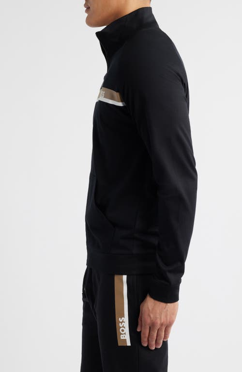 Hugo Boss Cotton-terry Zip-up Jacket With Metallic Logo In Black