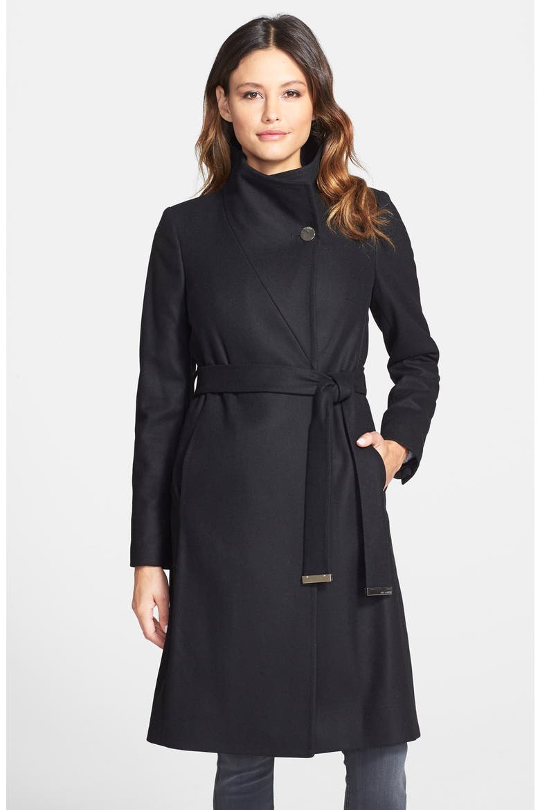 'Nevia' Stand Collar Belted Wrap Coat, Main, color, BLACK