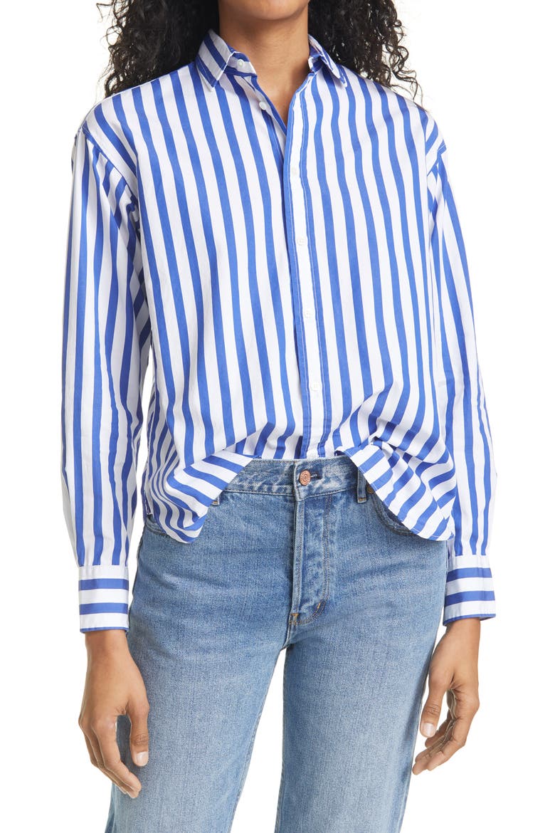 Stripe Cotton Button-Up Shirt, Main, color, WHITE/ BLUE