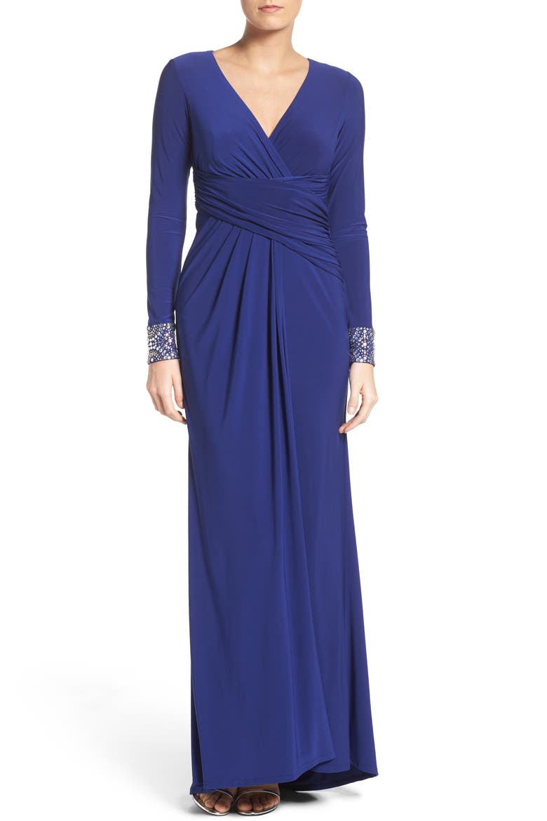 Embellished Sleeve Jersey Gown, Main, color, INDIGO