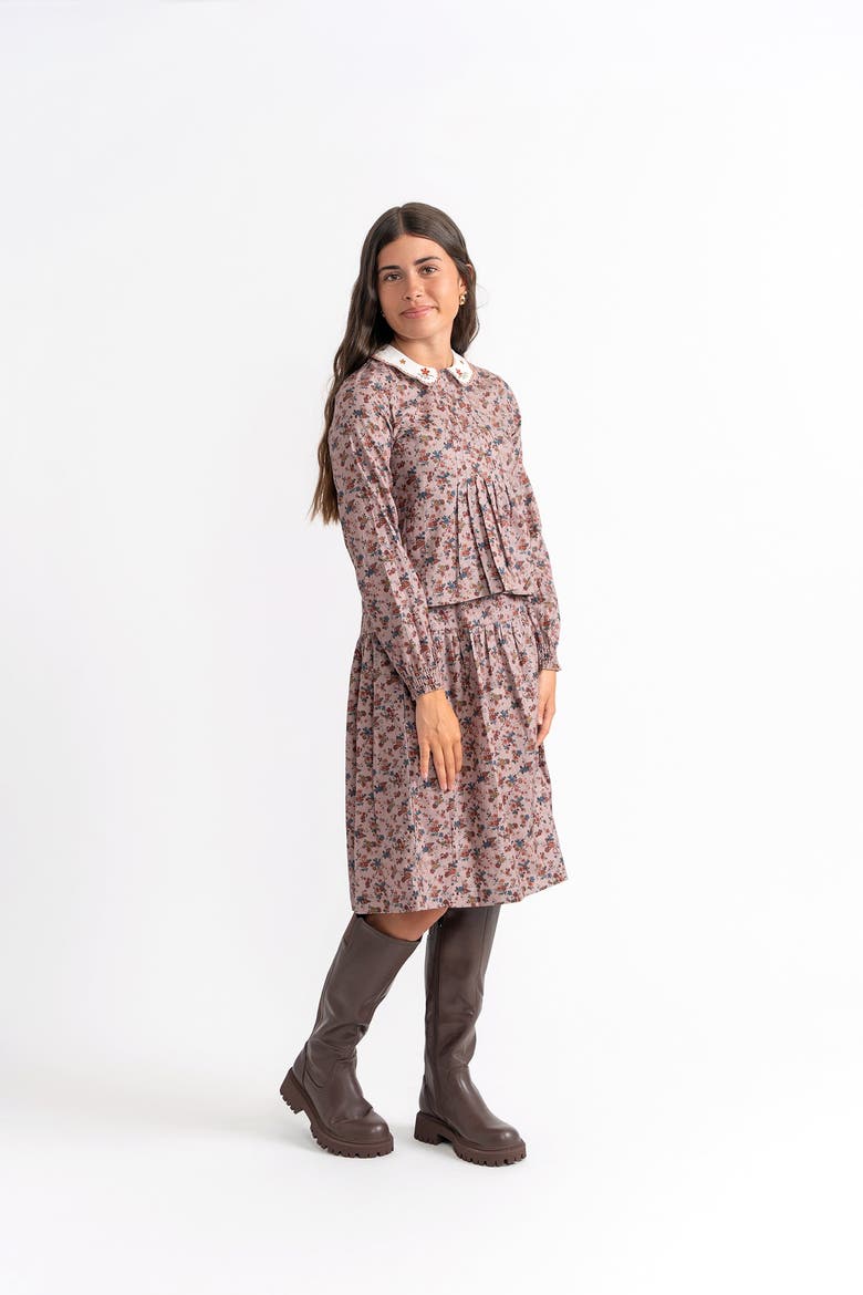 Girls 2-Piece Woven Floral Set - Embroidered Collared Blouse and Skirt, Alternate, color, Burgundy/Black