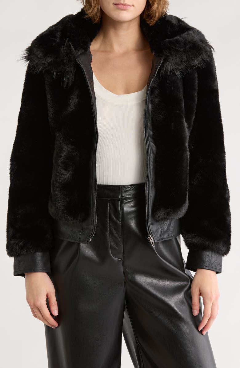 BLANKNYC Faux Fur & Faux Leather Crop Jacket, Main, color, Black Noise