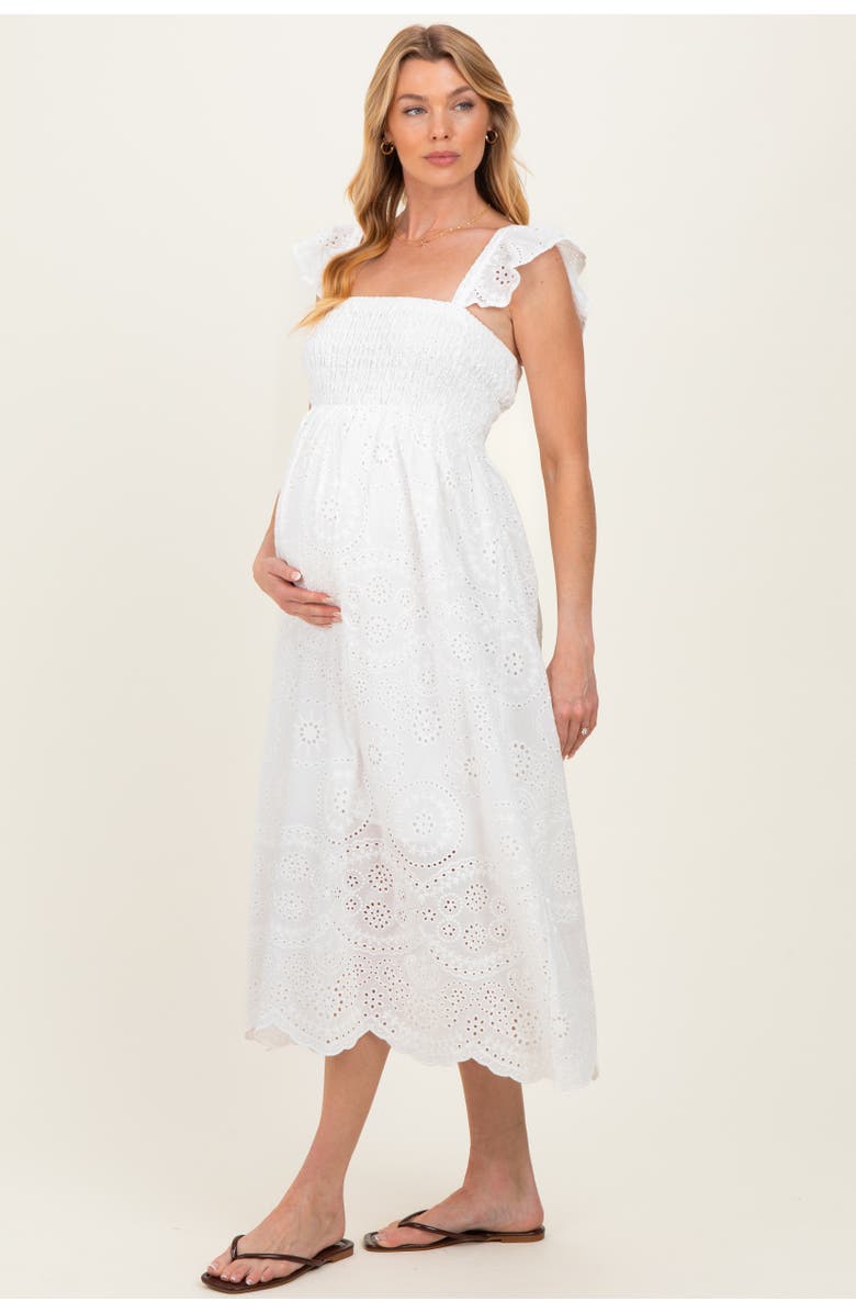 PinkBlush Embroidered Smocked Cutout Midi Dress, Main, color, White