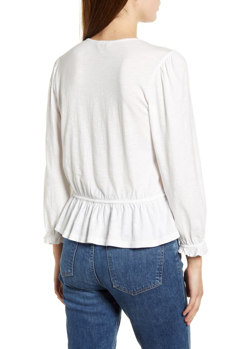 Lace Inset Tie Waist Cotton Blouse, Alternate, color, BRIGHT WHITE