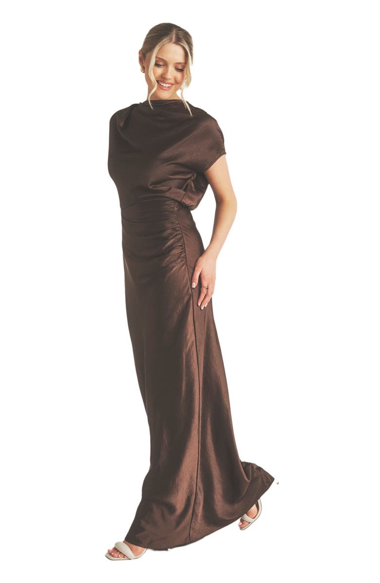 Six Stories Batwing High Neck Satin Bridesmaid Dress, Alternate, color, Chocolate