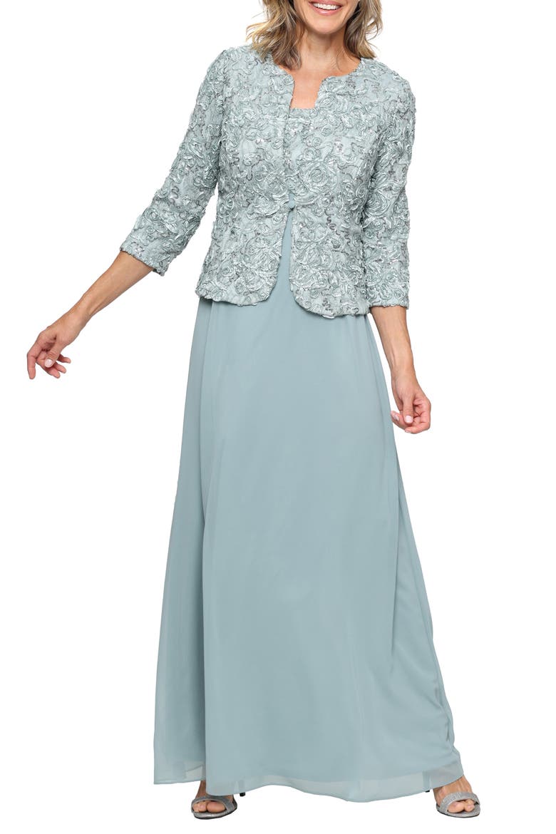 Sequin Soutache Lace Empire Waist Chiffon Gown with Jacket, Main, color, ICE SAGE