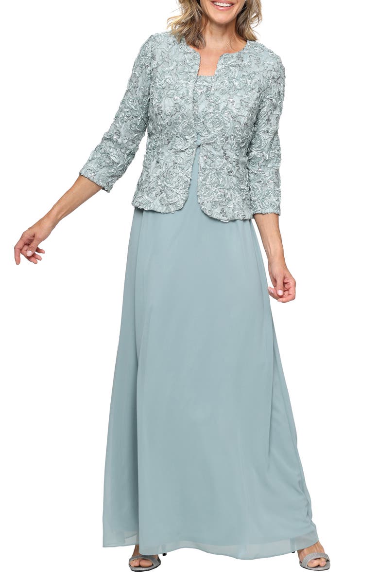 Alex Evenings Sequin Soutache Lace Empire Waist Chiffon Gown with Jacket, Main, color, Ice Sage