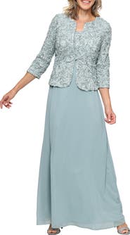 Alex Evenings Sequin Soutache Lace Empire Waist Chiffon Gown with Jacket