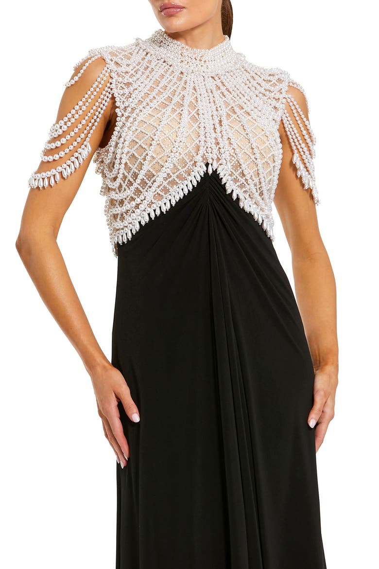 Beaded High Neck Cape Sleeve Gown, Alternate, color, Black