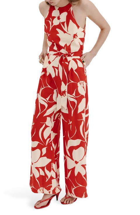 Print Belted Sleeveless Jumpsuit (Plus)