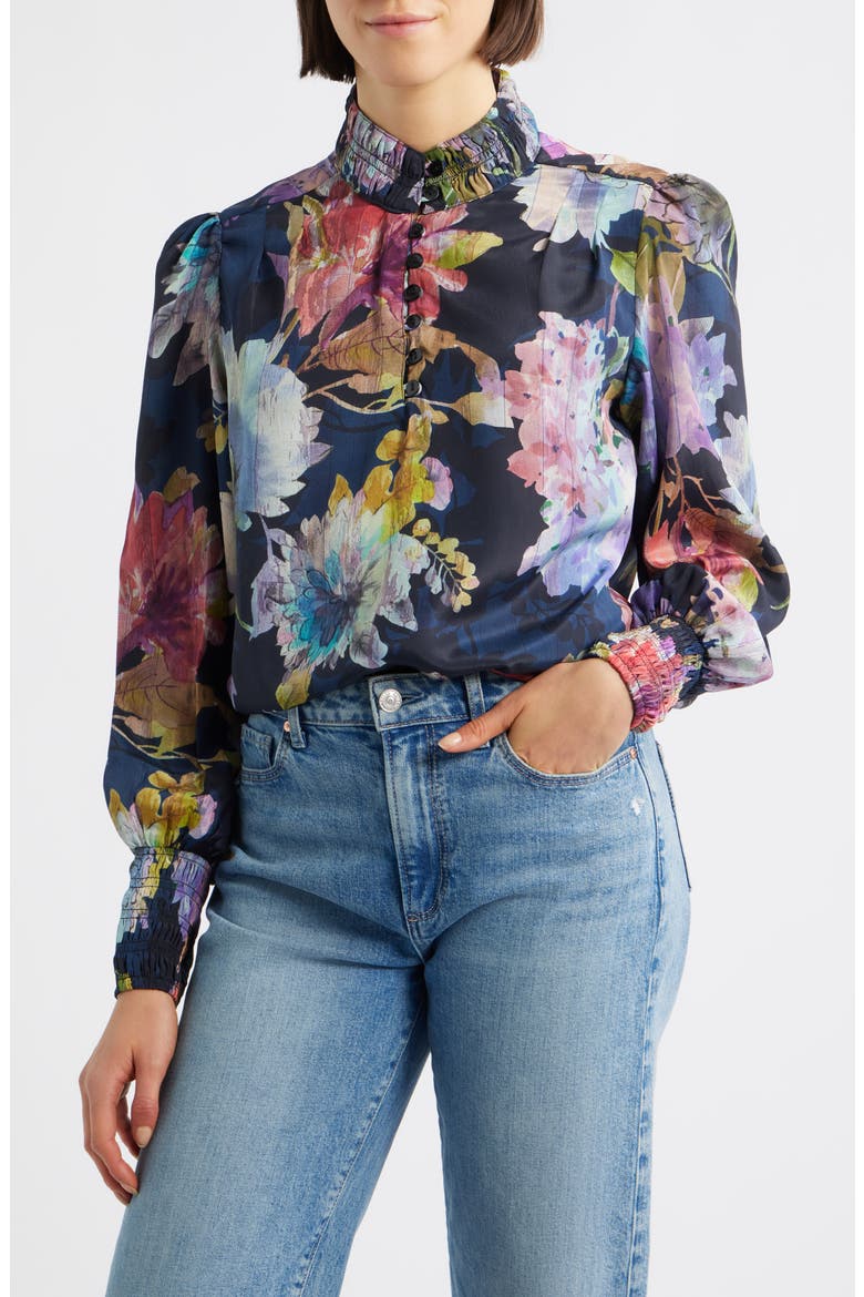 Smocked Cuff Long Sleeve Top, Main, color, NAVY MULTI