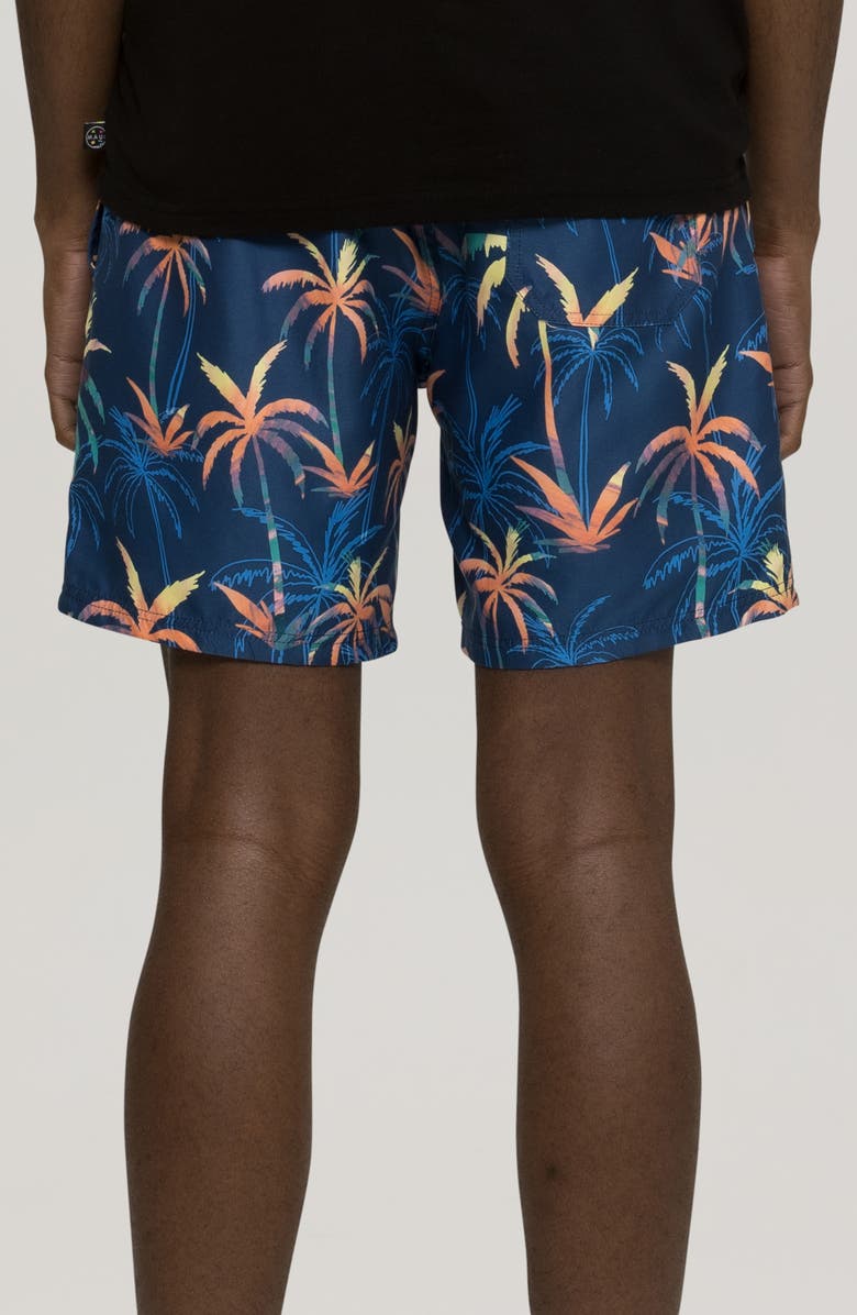 Maui & Sons Wilder Palm Tree Print Microfiber Swim Trunks, Alternate, color, Navy