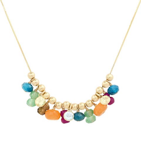 MOVEABLE MULTI GEMSTONE BEAD 14K GOLD NECKLACE