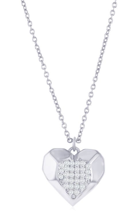 Sterling Sivler Pavé Cubic Zirconia Heart Pendant Necklace