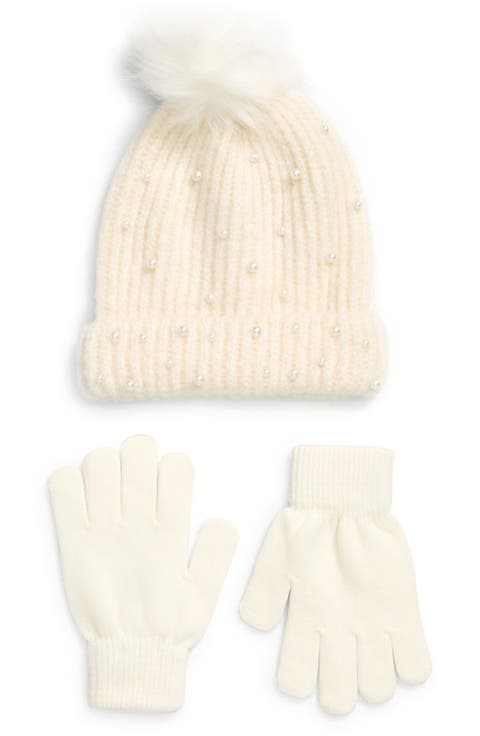 Kids' Embellished Pompom Beanie & Gloves (Big Girl)